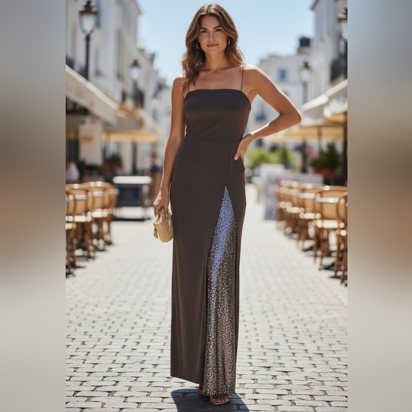 Halston Heritage Dresses & Skirts - Halston Gray Spaghetti Strap Sequin Detail Full Length Gown